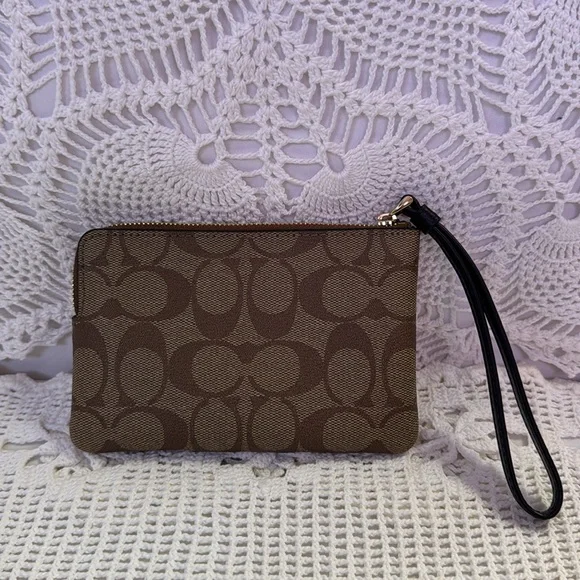 Coach Wristlet Signature Canvas Corner Zip Gold Logo Brown & Tan w/Stripe 58035 - Picture 5 of 12